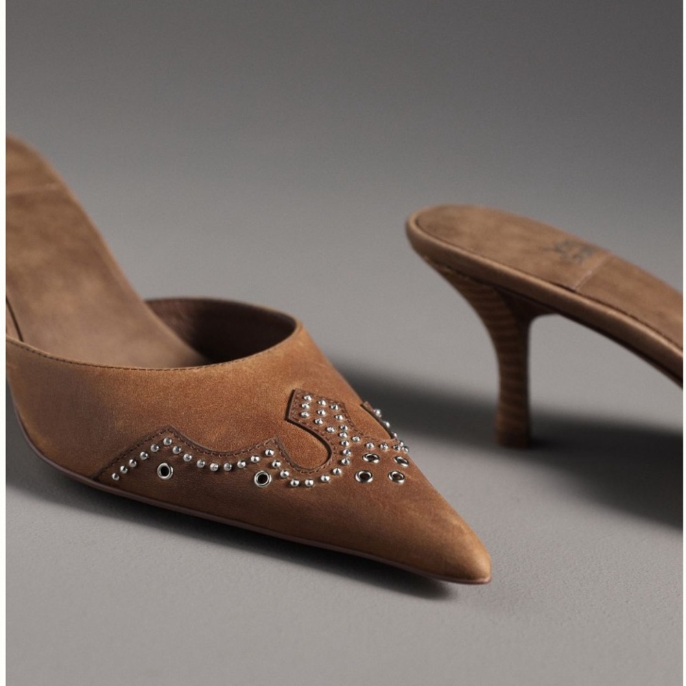 Jeffery Campbell Head-West Studded Western Pointed-Toe Heeled Mules Camel Tan - Picture 3 of 14
